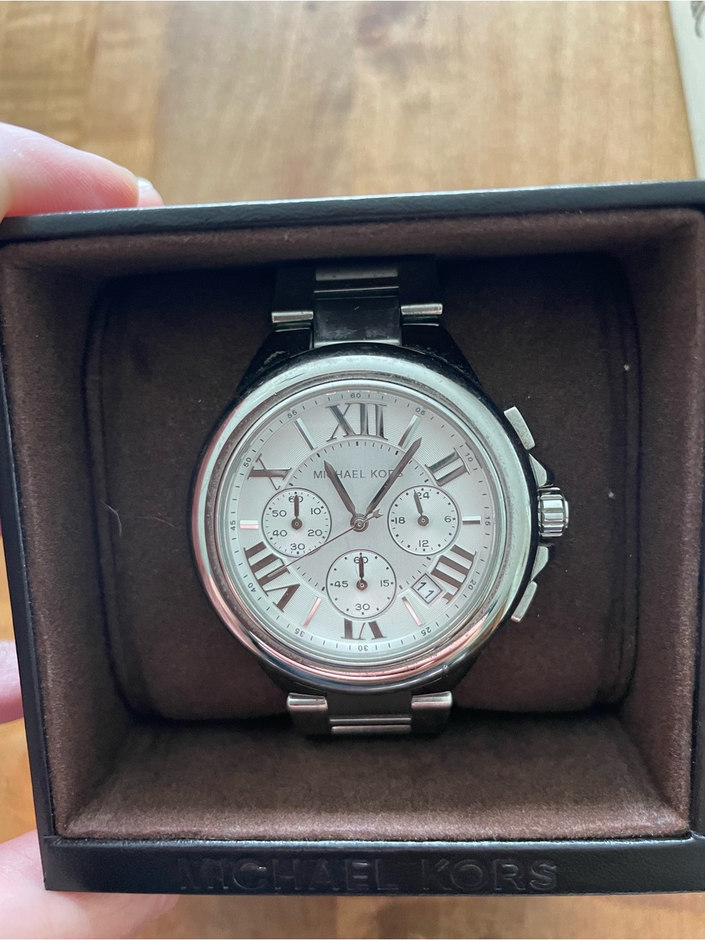 Michael Kors Silver Stainless Steel Chronograph Watch with White Dial